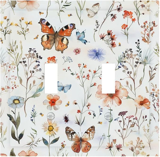 Decorative Switch Plates Butterfly Floral Boho Multicolor Flower Leave 2 Gang Double Toggle Outlet Light Switch Cover Wall Plate Electrical Faceplate for Bed Room living Room Decor