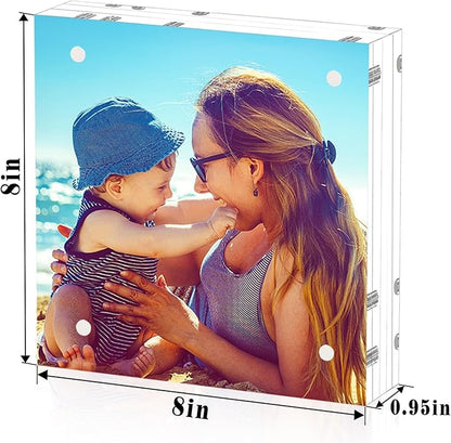 HELPLEX 5 Pack 8x8 Acrylic Picture Frames, 24mm Thicker Square Frameless Clear Frame Double Sided Magnetic Frame, Free Standing Desktop Display Stand Acrylic Frames