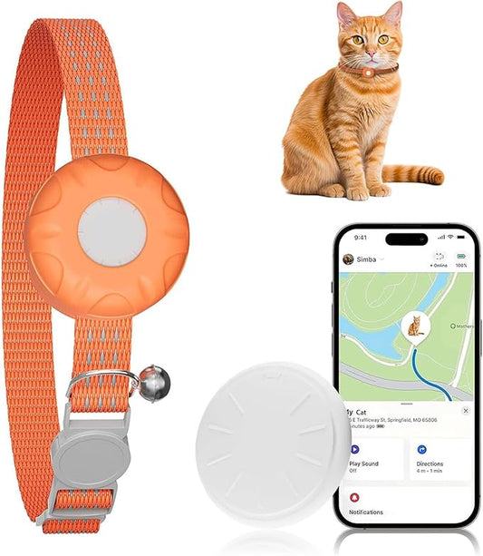 GPS Tracker for Cats, Waterproof Pet GPS Tracker with Safety Elastic Buckle, Compatible with Apple Find My App (Only iOS), No Monthly Fee, Orange