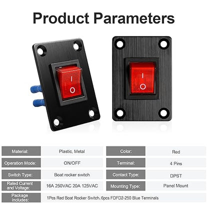 1Pcs Red LED KCD4 Boat Rocker Switch 2-Position 4-Pin DPST Panel Switch 16A 250VAC 20A 125VAC, with 6pcs FDFD2-250 Blue Terminals, CE
