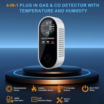 Plug in Carbon Monoxide and Natural Gas Detector, Combination Gas & Carbon Monoxide Detectors for Travel with Temperature Humidity Display, 4 in 1 CO and Gas Detector for Home/Travel(1 Pack)