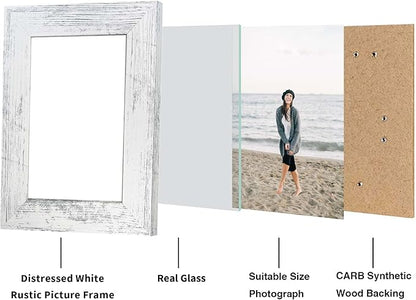 iRahmen 4x6 Picture Frame Set of 4, High Definition Glass Distressed White Frame, 4 x 6 Wood Photo Frames for Tabletop Display and Wall Mounting