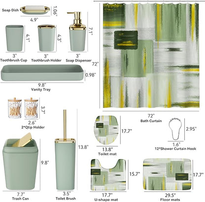Bathroom Set - Sage Green Bathroom Accessories Set, Bathroom Sets with Shower Curtain and Rugs, Sage Green Shower Curtain Set with Bathroom Trash Can, Soap Dispenser, Soap Dish for Home Decor