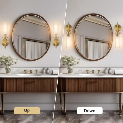 15" Knurled Brass Wall Sconce with Clear Glass Tube, Gold Bathroom Vanity Light Fixtures, Modern Lamp Lighting for Bedroom, Living Room, Hallway, Staircase, Mirror, Kitchen