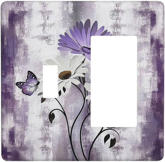 Purple Daisy White Floral Butterfly Flowers 2 Gang Combo 1 Toggle 1 Rcoker Light Switch Covers Decorative Switch Plates Electrical Switch Plates and Outlet Covers for Home Art Decor 4.5 X 4.5 IN