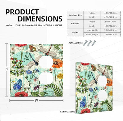 Dragonflies Flowers Butterfly 2 Gang 1 Outlet 1 Blank Outlet Light Switch Cover Decorative Wall Plate Cover For Home Living Bedroom Kitchen Decorative