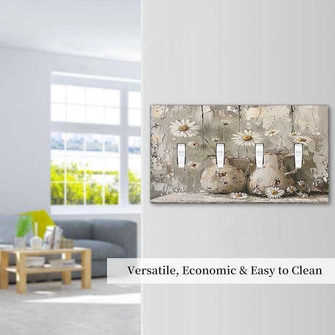 Light Switch Covers Vintage Rustic Floral White Daisy Flower Oil Painting Style Quad Toggle Electrical Faceplate 4 Gang Wall Plate Decorative Switch Plates for Home Farmhouse Decor