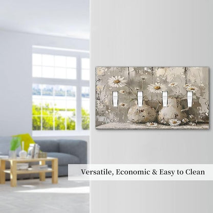 Light Switch Covers Vintage Rustic Floral White Daisy Flower Oil Painting Style Quad Toggle Electrical Faceplate 4 Gang Wall Plate Decorative Switch Plates for Home Farmhouse Decor