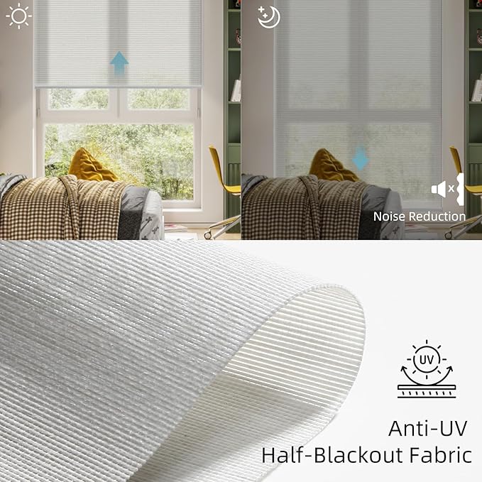 SmartWings Motorized Light Filtering Shades, Work with Matter Homekit Z-Wave Zigbee Alexa Google, 50% Blackout PVC Free Smart Blinds for Windows Cordless Window Shades with Remote Customized, Pearl
