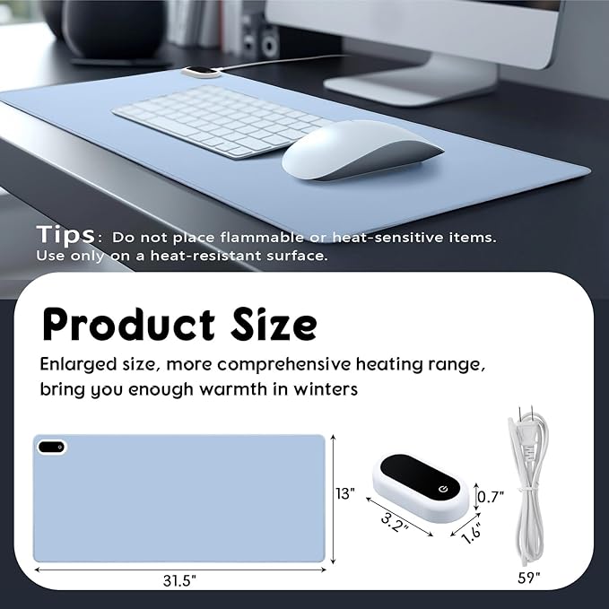 Konohan Heated Large Desk Mat PU Leather Warm Mouse Pad with 5 Heating Level & 4 Hour Auto Shut-Off Heating Keyboard Pad Warmer Gaming Mice Mat Only Supports 110v(Gray-Blue Color,31.5" X 13")