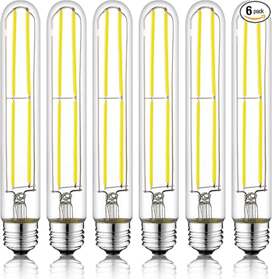 7.3 Inch E26 Led Bulb 6W Dimmable, 6000K Cool White Edison Bulbs 800LM, Equal 80 Watt Tubular T10 T9 Long Clear Glass Light Bulb for Rustic Pendant Industrial Pipe Wall Sconces - 6Pack
