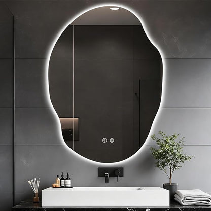 Asymmetrical Bathroom Mirror with Lights,Irregular LED Bathroom Vanity Mirror with Backlit,Anti-Fog,3 Colors and Dimmable Light with Memory,Hardwired Supported[Horizontal/Vertical] 40" H x 30" W