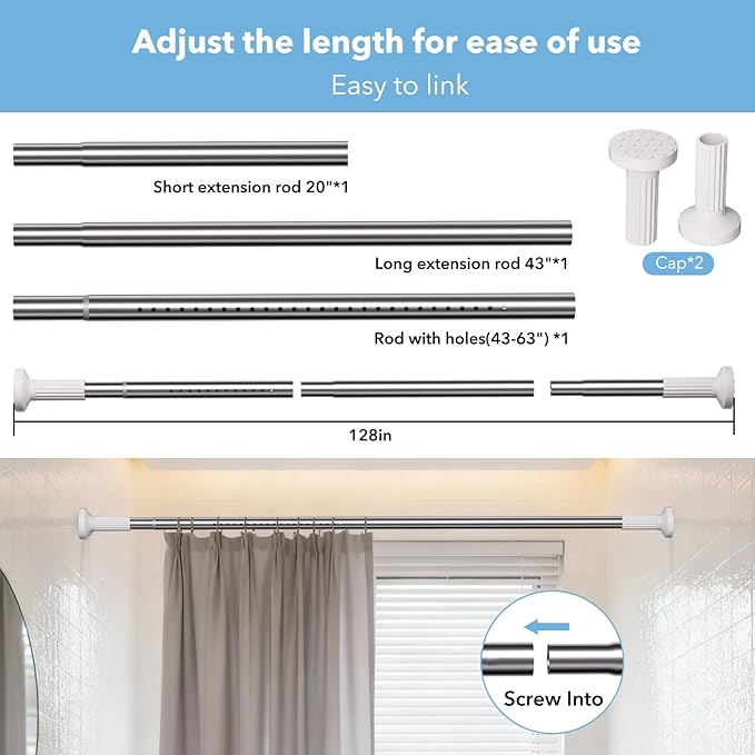 Tension Curtain Rod 51–128 In (4.25–10.67 ft),Extra Long Outdoor Curtain Rod for Window or Bathroom Patio,Easy to Install No Drilling Never Rust,Heavy Duty Adjustable Spring Shower Rod