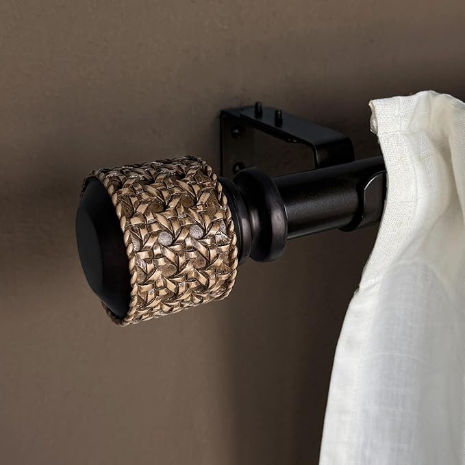 1-1/8 Inch Diameter Dark Bronze Curtain Rods with Faux Rattan Cane Woven Finials, 72-144'' Telescoping Single Curtain Rods for window width 68-140 inch, 1 pack