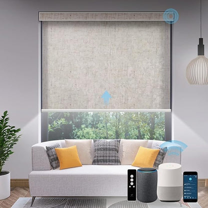 SmartWings Motorized Light Filtering Shades, Work with Matter Homekit Alexa Google, 70% Blackout Shades Translucent, Cordless Window Shades with Remote Rechargeable, Up 110" W x 148" H, Linen Sand