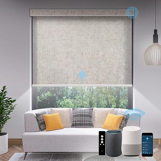 SmartWings Motorized Light Filtering Shades, Work with Matter Homekit Alexa Google, 70% Blackout Shades Translucent, Cordless Window Shades with Remote Rechargeable, Up 110" W x 148" H, Linen Sand