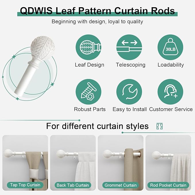 Antique White Ball Curtain Rods for Windows 28 to 48 Inch,1 Inch Heavy Duty Adjustable Curtain Rod,Boho Decorative Drapery Rods Set with Brackets,Size:18''-60''