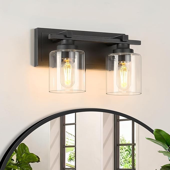 2 Light Modern Bathroom Light Fixtures Over Mirror, Black Vanity Lights for Bathroom Wall Sconces with Clear Glass Shades, E26 Socket (Bulbs Not Included)