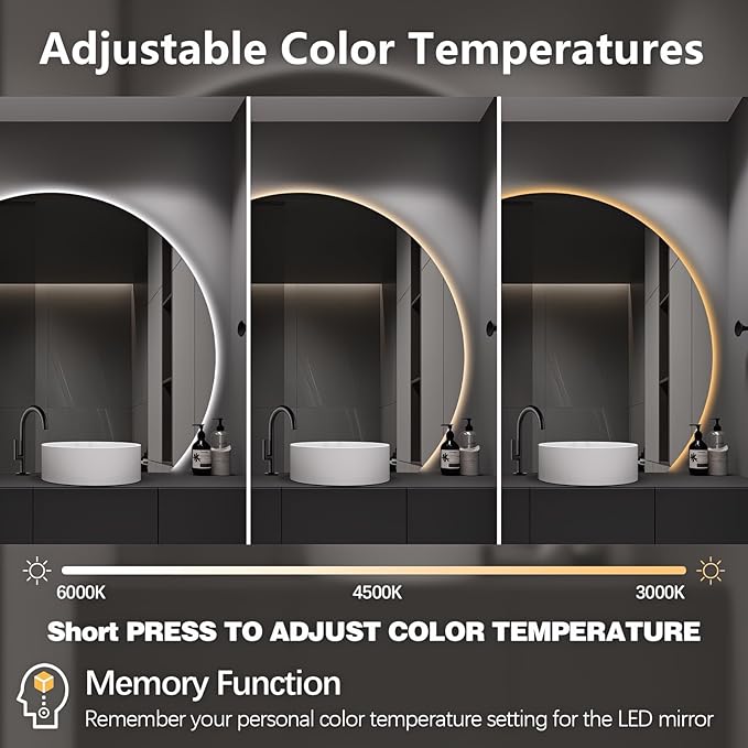 Niccy Half Moon LED Mirror for Bathroom, 36" Semi Backlit Mirrors Frameless Makeup Mirror with Light, Anti-Fog, Shatter-Proof, 3 Colors, Smart Vanity Mirrors