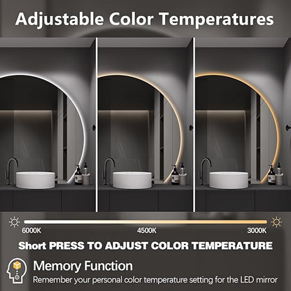 Niccy Half Moon LED Mirror for Bathroom, 36" Semi Backlit Mirrors Frameless Makeup Mirror with Light, Anti-Fog, Shatter-Proof, 3 Colors, Smart Vanity Mirrors