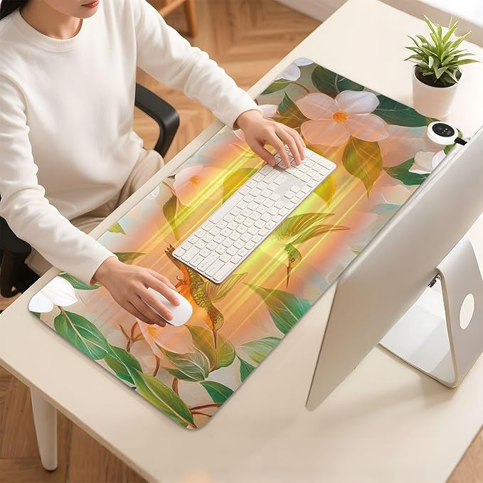 Heated Desk Pad Mouse Pad 31.5x13 Inch PU Leather Desk Mat with 3 Heat Levels Large Mouse Gaming Computer Laptop Mat Jasmine Flowers Green Leaves and Hummingbird