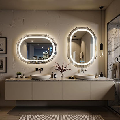 30"X40" Oval LED Bathroom Mirror with Lights, Frameless Vanity LED Mirror for Bathroom with Beveled Edge, Backlit Anti-Fog, Dimmable, 3 Colors, Memory Function, Tempered Glass, Shatter-Proof