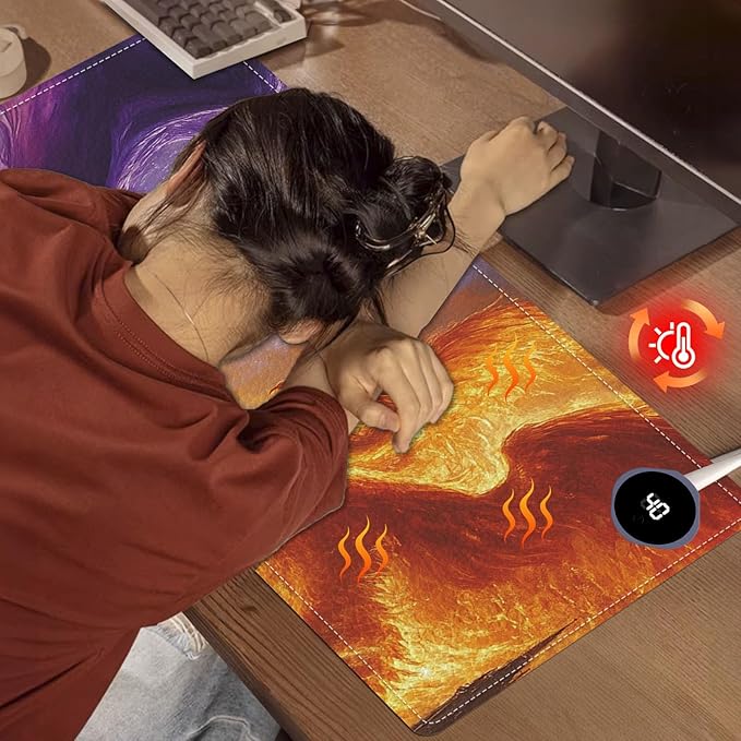 Heated Mouse Pad 31.5x13 in 3-Temp Fast Heating Desk Mat with Auto Timer Warmer for Hands Wrist Pain Relief Waterproof Keyboard Mat for Office, Gaming, Home, Dragon Battle Art