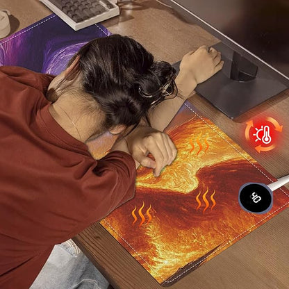 Heated Mouse Pad 31.5x13 in 3-Temp Fast Heating Desk Mat with Auto Timer Warmer for Hands Wrist Pain Relief Waterproof Keyboard Mat for Office, Gaming, Home, Dragon Battle Art