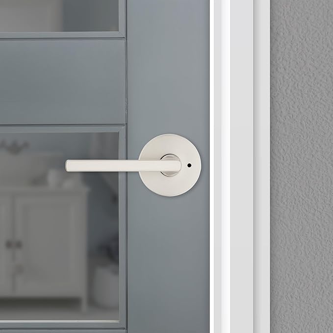 Kwikset Halifax Interior Privacy Door Handle with Lock, Round Lever for Bathroom and Bedroom, Satin Nickel Reversible Keyless Push Button Lock Door Lever, with Microban Protection