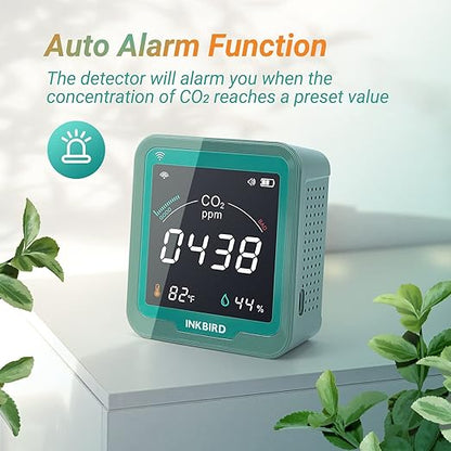 INKBIRD WiFi CO2 Detector Battery Powered | Smart CO2 Monitor NDIR Sensor and Data Logger | Carbon Dioxide & Temperature & Humidity Air Quality Monitor Indoor | for Home, Office, Grow Tent (INK-CO2W)