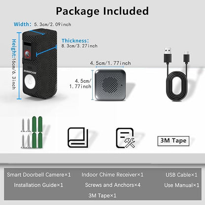 Video Doorbell Camera Wireless with Charm, HD Camera, Real-Time Alerts Ring Call, Pan Rotate, AI Detection, Power Battery, Home Security Apartment Camara para Puerta, 2.4G WiFi, Carbon Fiber