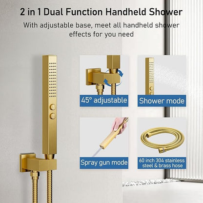 Shower Systems with Rain Shower and Handheld,STARBATH Dual Head 12+6" Rainfall Shower Can Run All Together, Ceiling Mount Shower Faucet Set with Pressure Balance Valve and Trim Kit, Brushed Gold