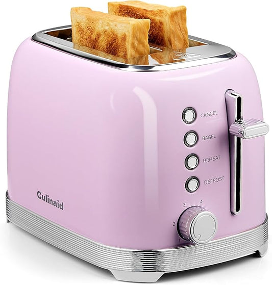 Toaster 2 Slice Retro Stainless Steel with 1.5” Extra Wide Slots Bagel, Defrost, Reheat, Cancel Functions, 6 Bread Shade Settings, Removable Crumb Tray, Pastel Pink