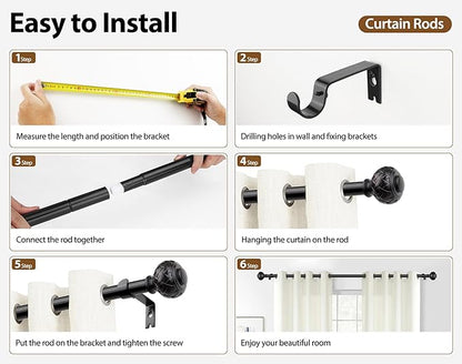 TONIAL Black Curtain Rod 32 to 144 Inches, 7/8 Adjustable Curtain Rods for Windows 20 to 144 Inches, Splicing Drapery Rods Heavy duty with Netted Texture Finials