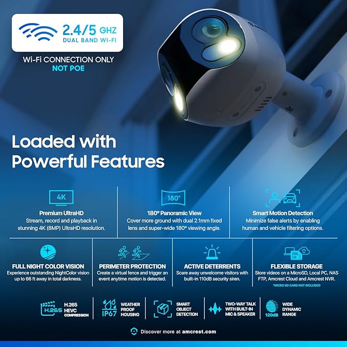 Amcrest Dual-Lens 4K (8MP) Outdoor Security WiFi Camera, 2 x 4MP Lenses WiFi AI Bullet IP Camera, Dual-Band 2.4Ghz & 5Ghz, Face Detection, Panoramic 180° FOV, 4K@15fps IP8M-DLB2998W-AI (White)