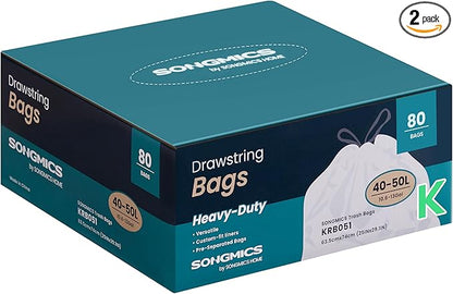 SONGMICS Trash Bags for 13-Gallon (50 L) Trash Cans, Drawstring Kitchen Garbage Bags, Pre-Separated, Quick-Dispense Box, Liner Code K, 2 Rolls, 80 Count, White UKRB051A02