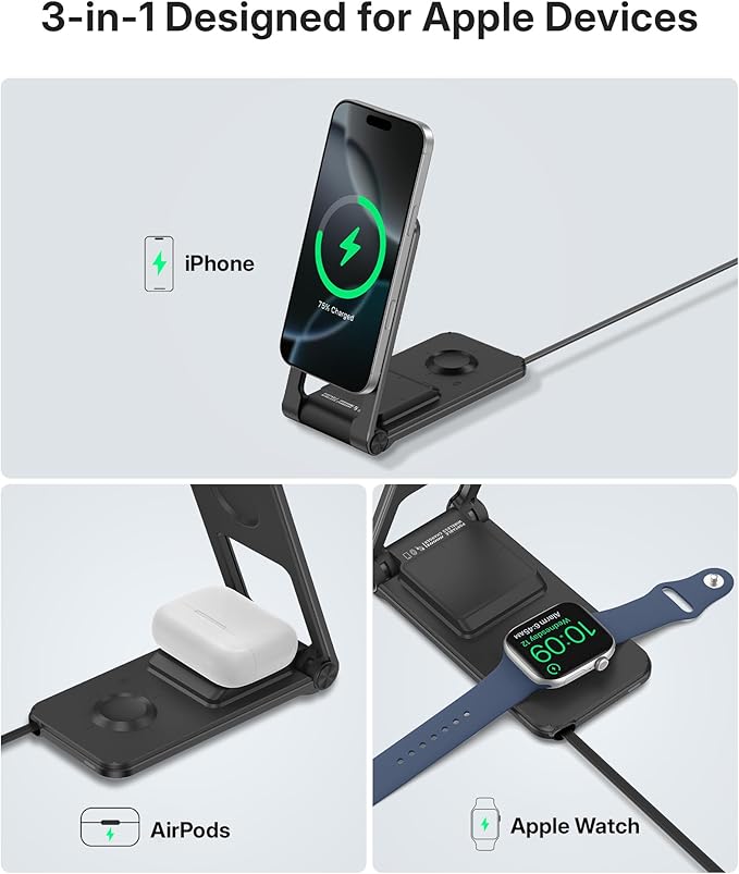 3 in 1 Charging Station for Apple Devices, Magnetic Wireless Charger Stand, 15W Foldable Travel Charging Dock for iPhone 17 16 15 14 13 12 Pro Max Plus Air & Apple Watch & AirPods 4 3 2 Pro, Black
