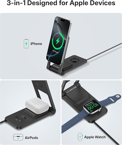 3 in 1 Charging Station for Apple Devices, Magnetic Wireless Charger Stand, 15W Foldable Travel Charging Dock for iPhone 17 16 15 14 13 12 Pro Max Plus Air & Apple Watch & AirPods 4 3 2 Pro, Black
