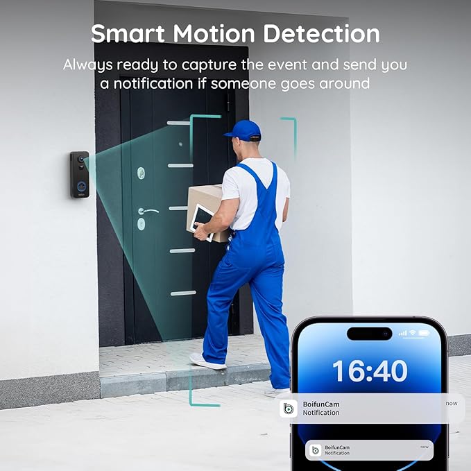 BOIFUN Doorbell Camera Wireless – No Subscription Required, 180° Ultra Wide-Angle, 2K FHD, AI Detection & Alert, HDR Night Vision, Two-Way Audio & Battery Video Doorbell with Chime, 2.4 GHz Wi-Fi Only