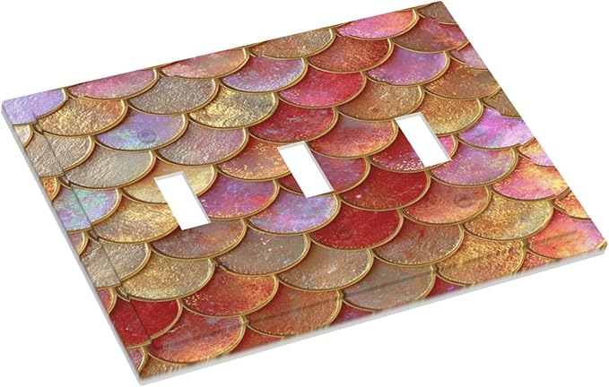 Mermaid Glitter Scale Rainbow Gold Fish Scales Decorative Switch Plates 3 Gang Wall Plate Triple Toggle Light Switch Cover Faceplate Electrical Wall Panels for Bed Room Home Decor