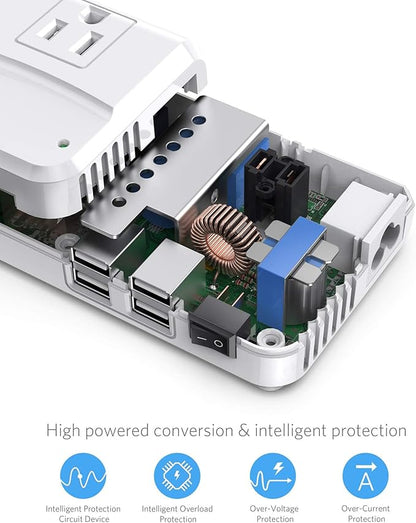BESTEK Universal Travel Adapter 220V to 110V Voltage Converter with 6A 4-Port USB Charging and UK/AU/US/EU Worldwide Plug Adapter (White)