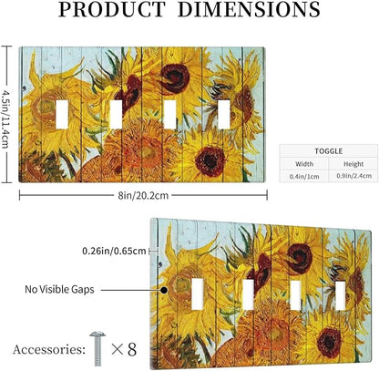 Light Switch Covers Sunflowers Oil Paintings Wood Floral Quad Toggle Electrical Faceplate 4 Gang Wall Plate Decorative Switch Plates For Farmhouse Bed Room Decor