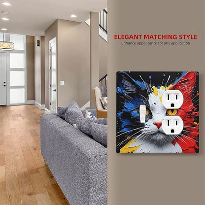 Decorative Outlet Covers Colorful Doodle Cute Funny Black Red White Cat 2 Gang Wall Plate Cover Single Toggle Duplex Combo Two Switch Light Switch Cover Plate Faceplate