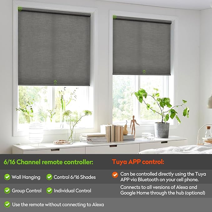 ZSTARR Motorized Light Filtering Roller Blinds with Remote Control,Rechargeable Smart Window Shades Compatible with Alexa Google via Hub,Fabric Wrapped Valance, Custom Size (ash Gray)