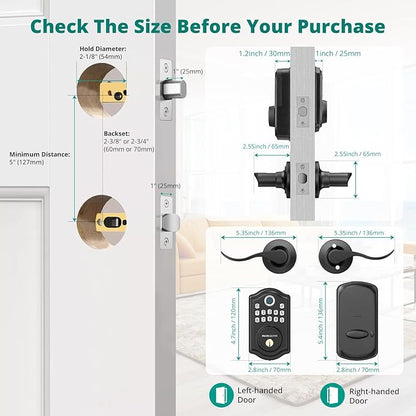 DS10 Keyless Entry Door Lock with Handle - 2 Lever Handles, Fingerprint Door Lock, Keypad Deadbolt, 2 Keys, Code, Smart Locks for Front Door, Auto-Lock, Easy Installation - Matte Black