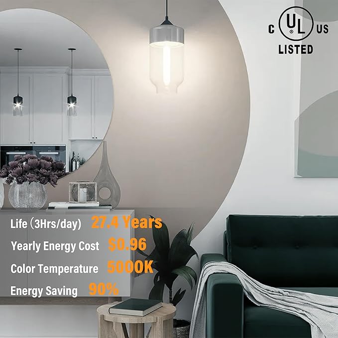 11.8IN 1000LM 5000K Daylight White Light Bulbs E26 Base, T10 T9 Edison Bulbs Dimmable 8W, AC 120V 100 Watt Equal Filament Bulb, Vintage Clear Glass Long Tubular LED Bulb, UL Listed - 4Pack