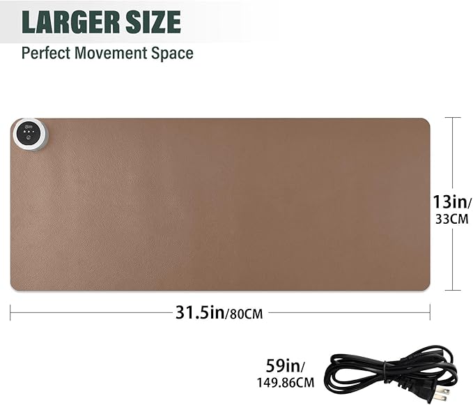 Brown Heated Desk Pad Mouse Pad 31.5x13 Inch PU Leather Desk Mat with 3 Heat Levels Large Mouse Gaming Computer Laptop Mat
