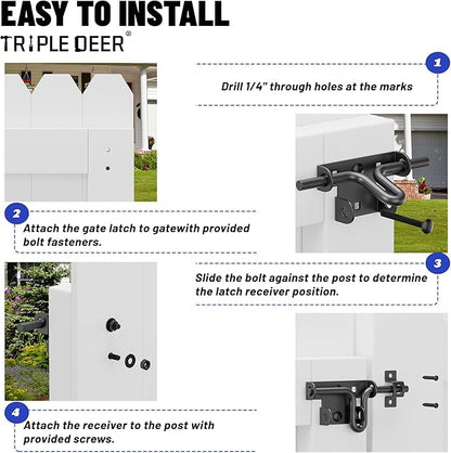 TRIPLE DEER Heavy Duty Sliding Bolt Gate Latch with Padlock Hole & Carriage Bolt, Slide Bolt Hardware for Wooden Fence/Yard Fence/Shed Door/Barn Door, Black, 1 Pack