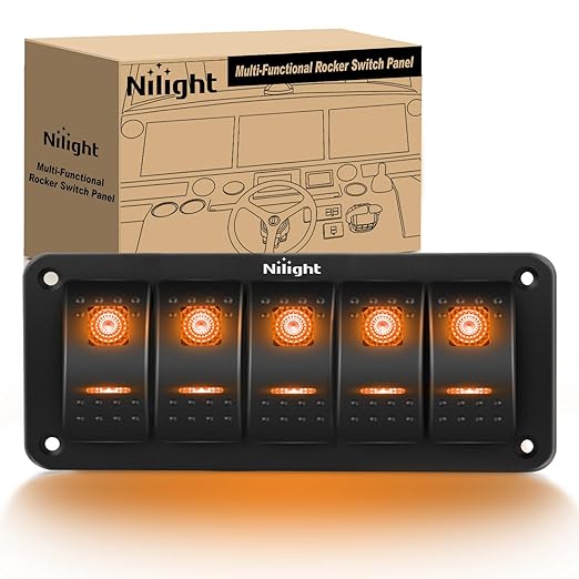Nilight 5 Gang Rocker Switch Panel with Orange LED Light 5 Pin On Off Pre-Wired Aluminum Toggle Switches Waterproof for 12V/24V Cars Marine Boats ATVs Trailers RV Trucks