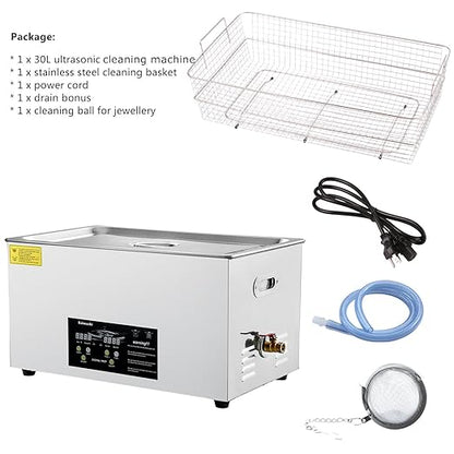 30L Ultrasonic Cleaning Machine with Digital Timer & Heater, Stainless Steel Sonic Parts Cleaner for Carburetor, Auto Tools Cleaning.